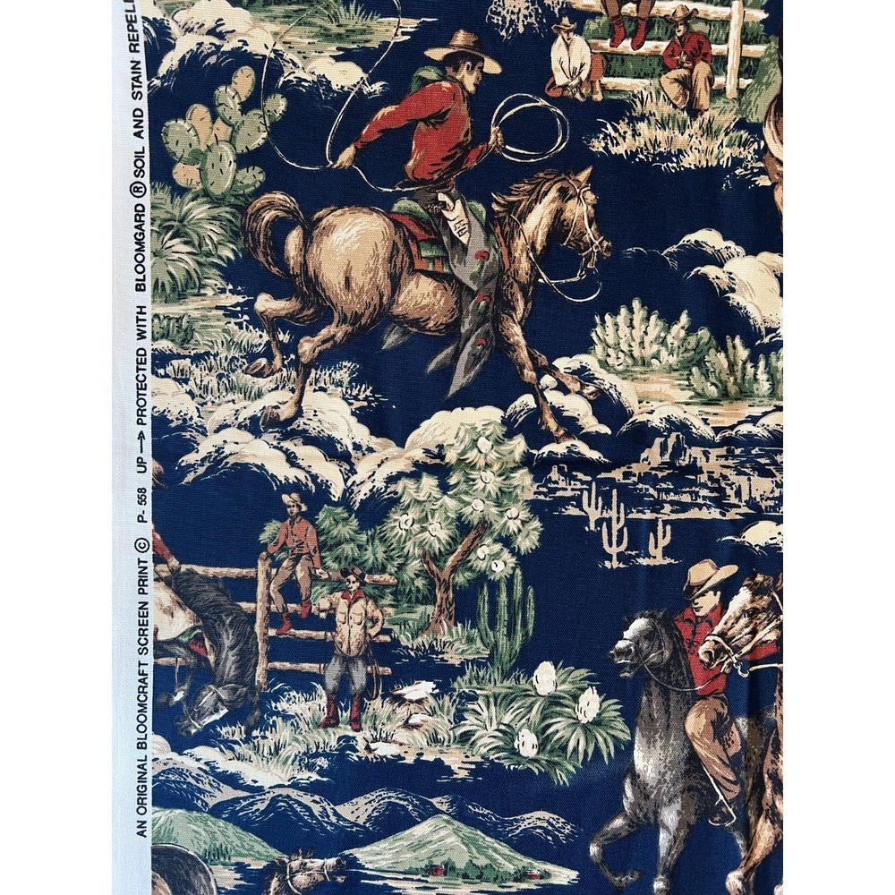 Fabric Vintage MCM Barkcloth Original Bloomcraft Western Cowboys Toile Decor BTY
